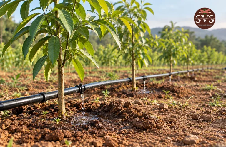 Drip Irrigation Supplying Water To Young White Sandalwood Trees In a Well-Maintained Plantation