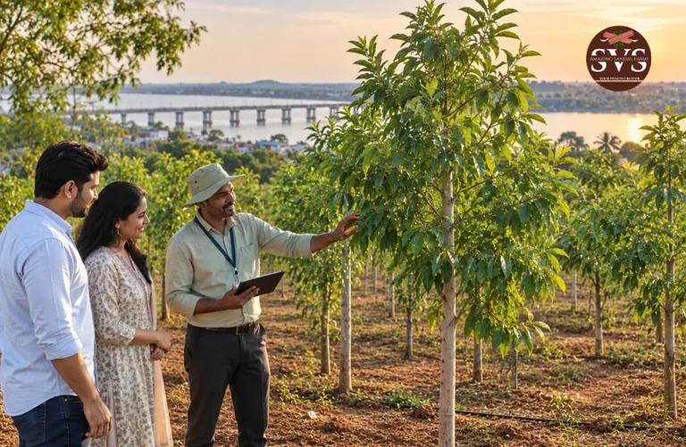 Farmers inspecting healthy white sandalwood trees in a managed plantation in Rajahmundry