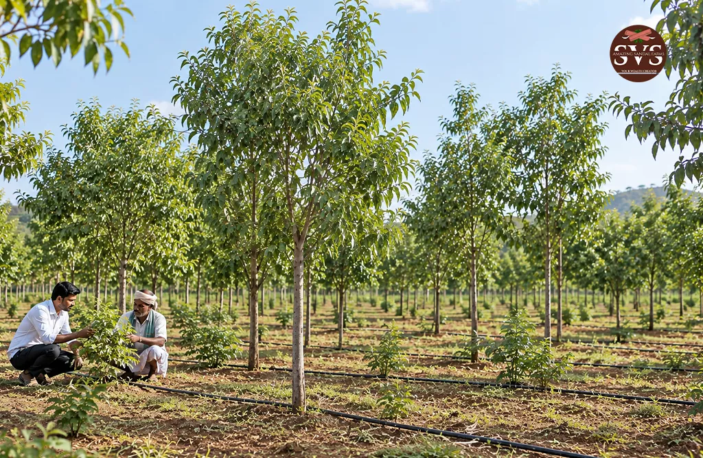 Farmers Inspecting Young White Sandalwood Plants In a Managed Plantation With Drip Irrigation