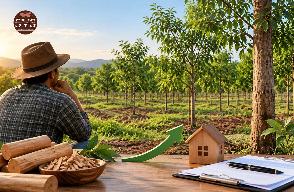Farmer Viewing a White Sandalwood Plantation As a Long-Term Agricultural Investment