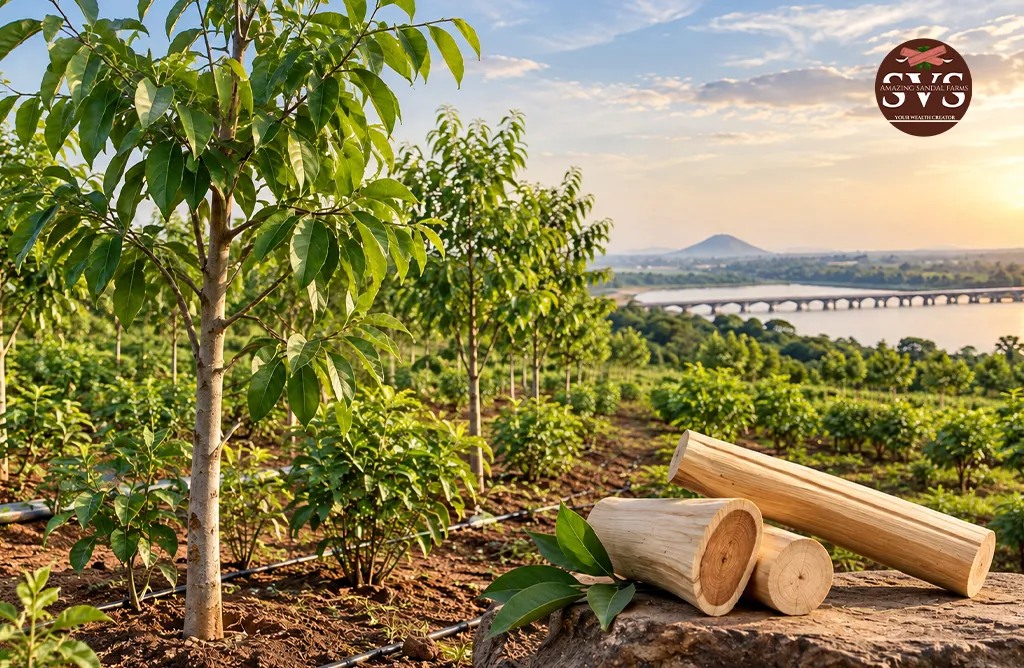 White Sandalwood Trees Growing In A Plantation Near Rajahmundry With Agricultural Farmland