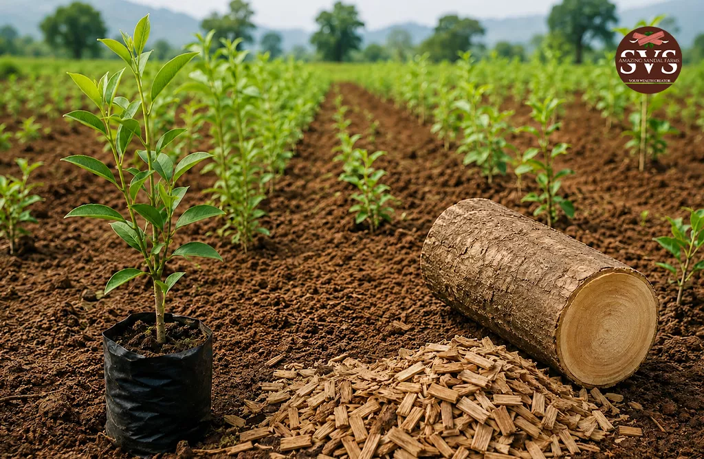 Young White Sandalwood Plants In Plantation Field