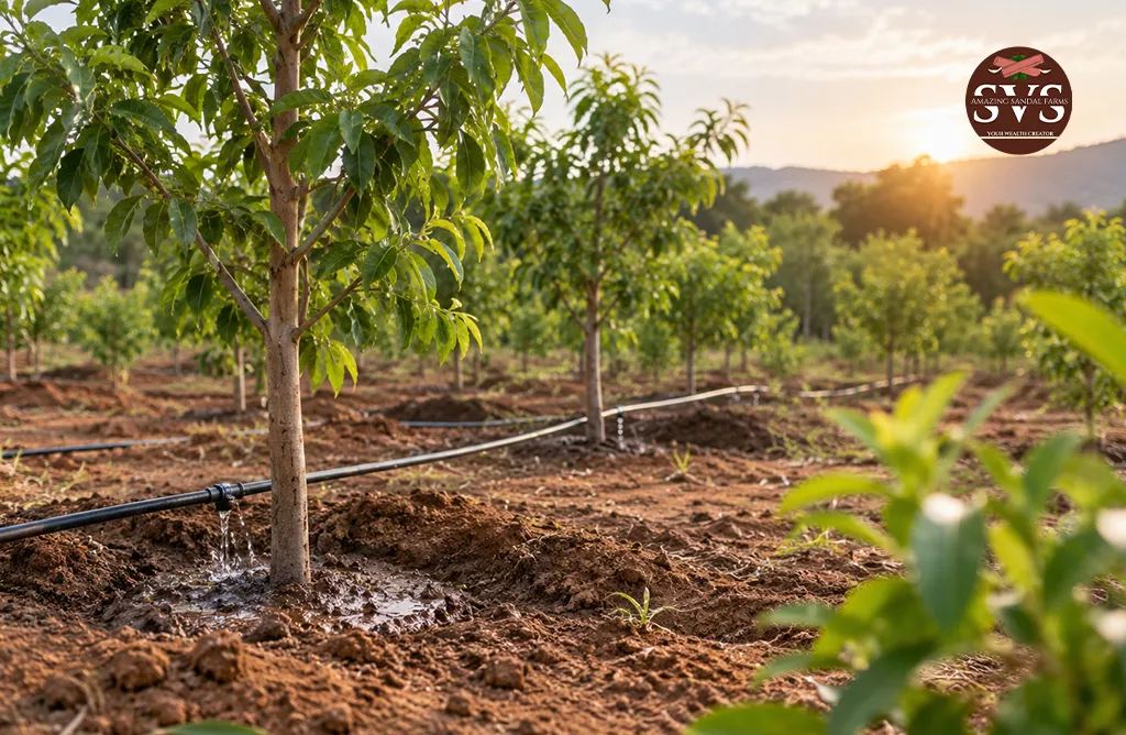 White Sandalwood Plantation With Drip Irrigation Watering Young Trees In Agricultural Land